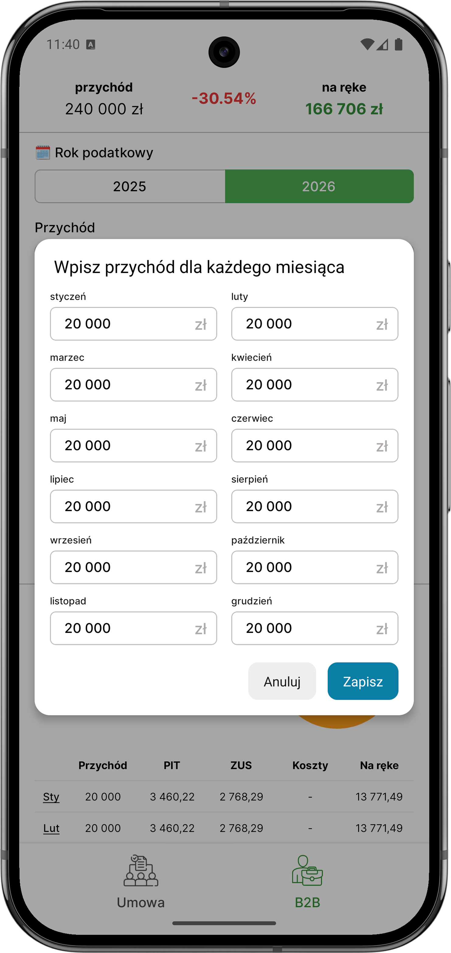 Wpisz przychód brutto za każdy miesiąc